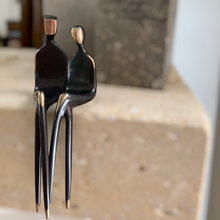 Load image into Gallery viewer, Two of Us interactive bronze sculpture by Yenny Cocq. Hand-cast miniature couple statue for shelf or ledge display, perfect as an 8th or 19th wedding anniversary gift.