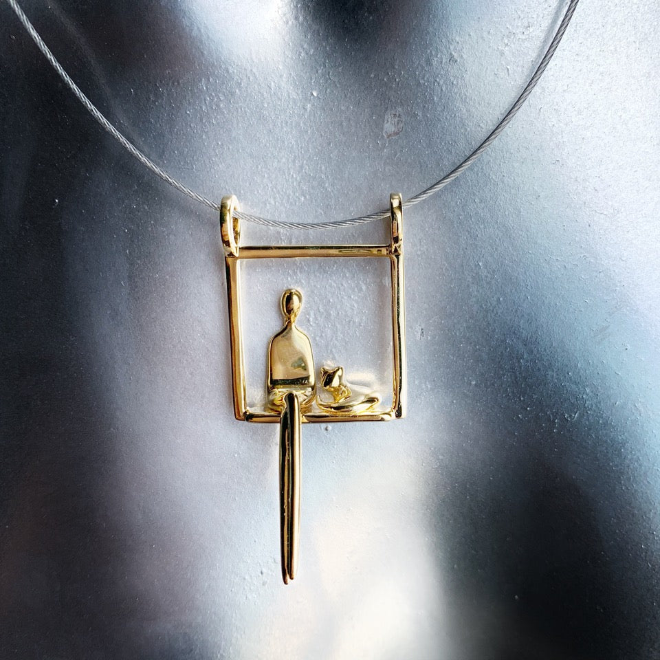 Woman with Cat in gold plated silver pendant